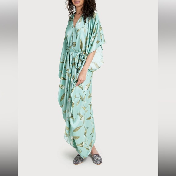 By Anthropologie Satin Tie Front Belted Floral Maxi Dress Caftan - Picture 8 of 12